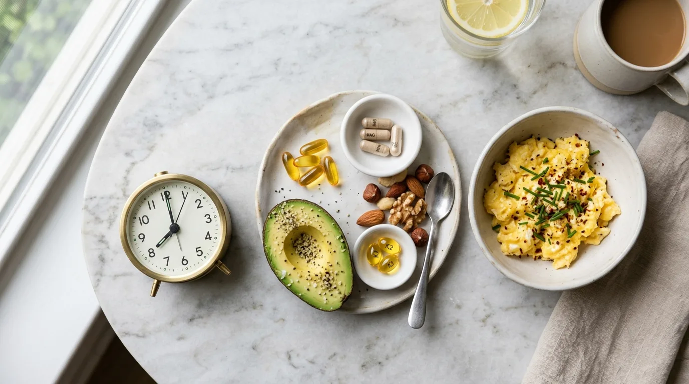 Раскладка правильного утреннего приёма витамина D3: масляные капсулы, магний, K2 и жиросодержащий завтрак