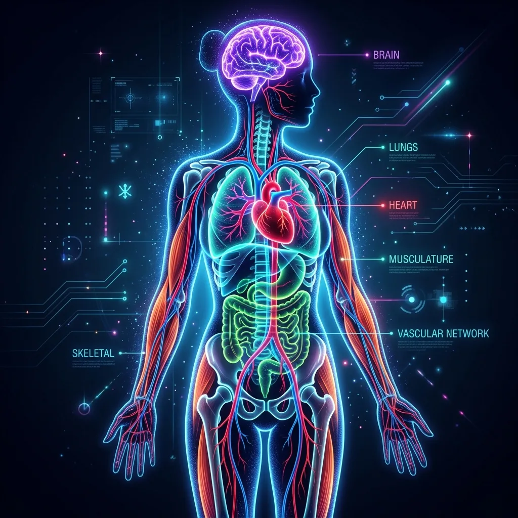 Силуэт человека с подсвеченными системами организма — сферы действия Синтезита