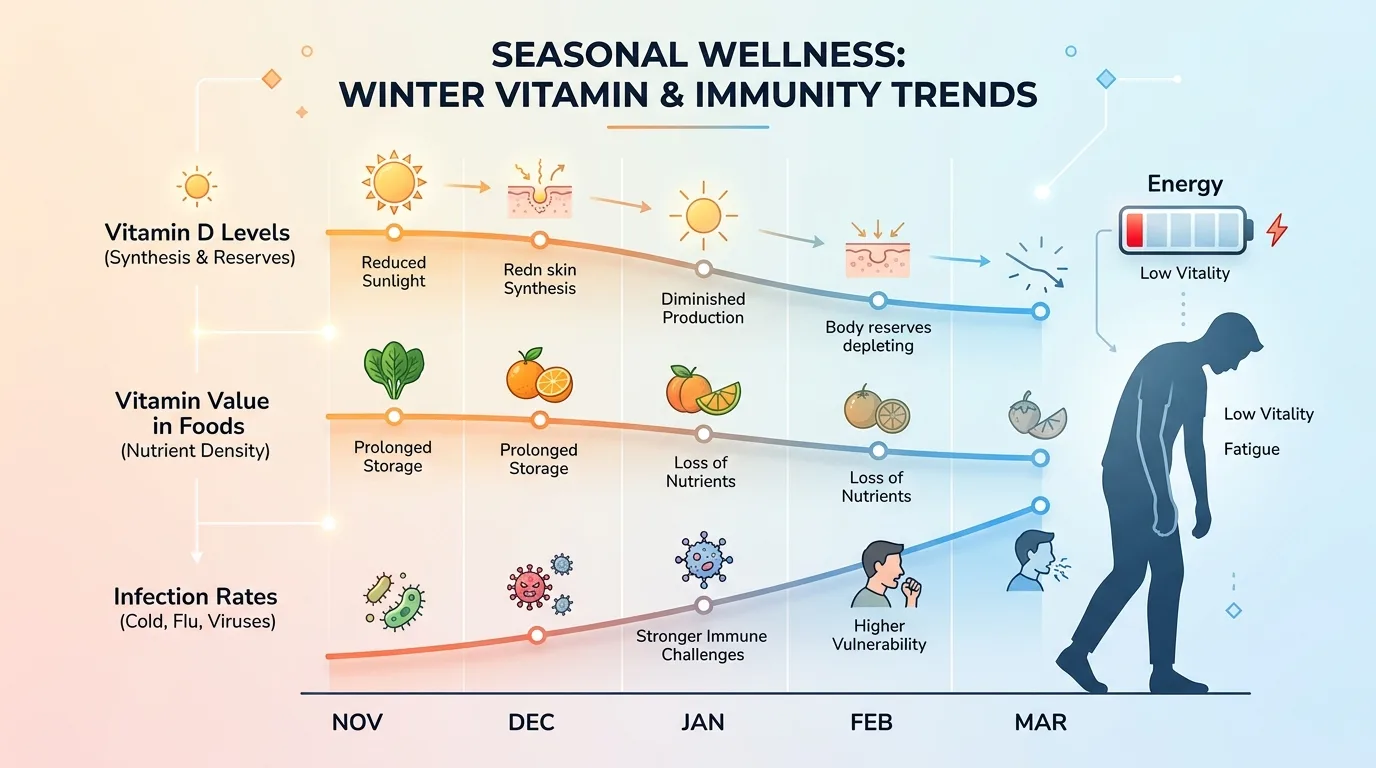 Инфографика: три фактора истощения нутриентов с ноября по март — снижение витамина D, обеднение рациона и рост инфекций